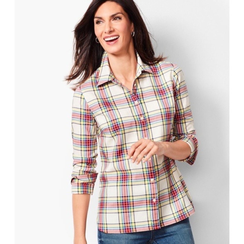 Talbots Classic Cotton Plaid Button Down Shirt Medium White Red Yellow Blue